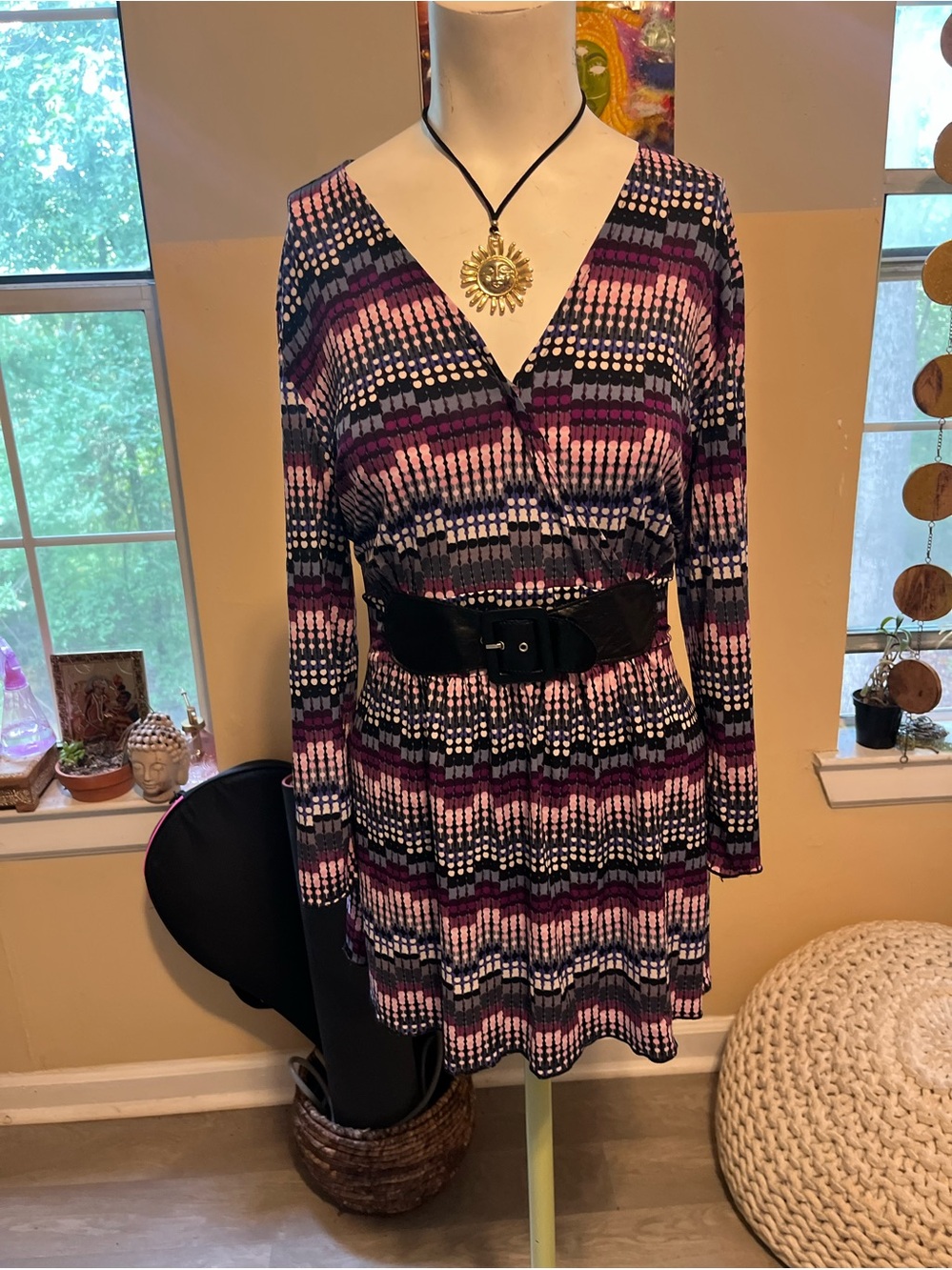 Y2K Purple Patterned V-Neck Long-Sleeve Dress Peggy Bundy